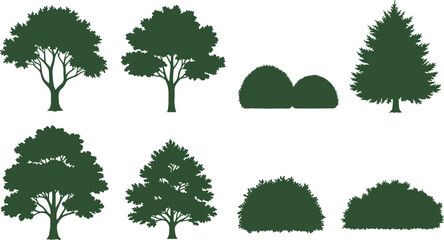 Obraz premium Tree and bush silhouettes collection featuring various forest plants isolated on white background for landscape design, nature illustration, ecology, vector graphics