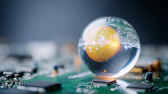 Quantum Computing Core: A visually stunning depiction of quantum computing, with a glowing orb representing the core process, resting on a circuit board.