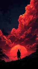 Fototapeta premium Lone samurai silhouette stands on hill crest as sun sets behind vibrant clouds in evening