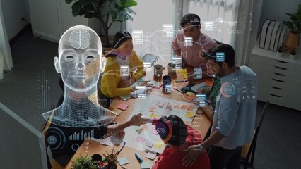 A diverse group of professionals collaborates in a modern office setting, engaging in brainstorming and utilizing digital data visualizations to enhance their project planning. Raster