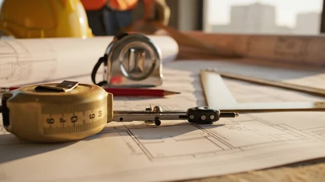 detailed view of construction measurements and drafting tools arranged on a wooden workbench capturing various angles of an