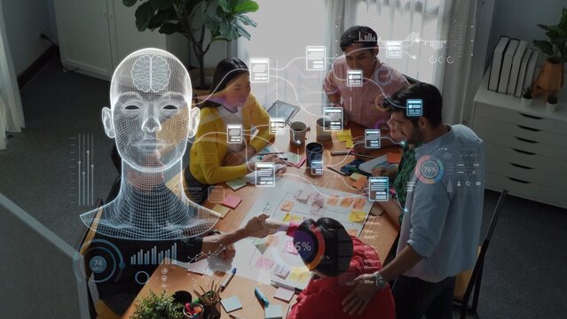 A diverse group of professionals collaborates in a modern office setting, engaging in brainstorming and utilizing digital data visualizations to enhance their project planning. Raster - Powered by Adobe