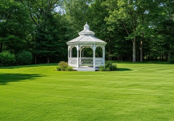 Obraz premium A serene residential backyard retreat featuring a classic white gazebo positioned centrally on a vast expanse of lush, meticulously maintained green lawn, vibrant, open air, estate
