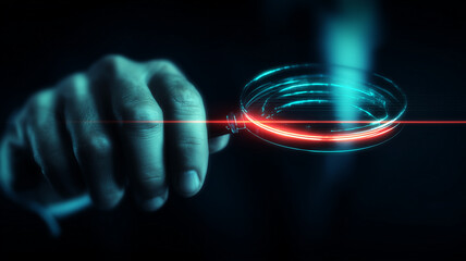 A futuristic magnifying glass emitting a scanning beam symbolizing digital investigation analysis data inspection and advanced research technology.
