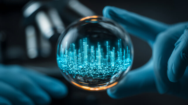 Gloved hands holding a crystal sphere with a digital city grid representing smart city planning and urban analytics.
 - Powered by Adobe