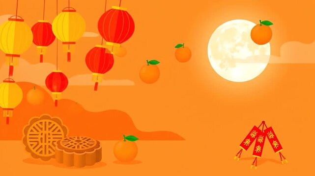 Mid Autumn Festival Cake and Lanterns on Orange Background with Copy space
