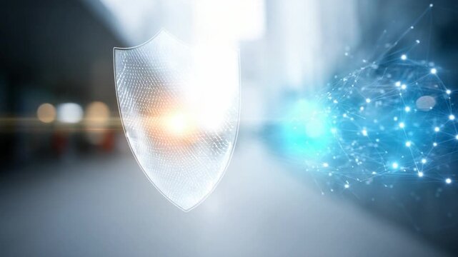 Cyber Shield: A luminous digital shield represents protection and security, safeguarding data against invisible threats in a virtual landscape.