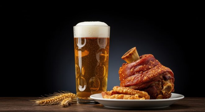Hearty traditional German Bavarian dish featuring a crispy roasted pork knuckle presented beside a foamy glass of delicious wheat beer, feast, rustic, appetite