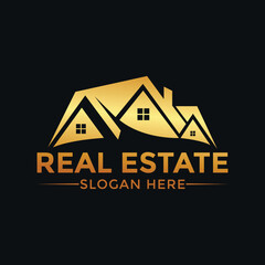 Elegant Gold Real Estate Logo with Houses Silhouette and Text - Luxury Property Business Emblem