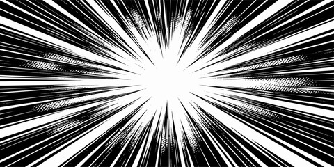 A fractal burst background of black and white abstract design featuring a digital motion explosion with light rays and starlight texture for a high energy space wallpaper illustration