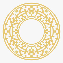 Circular decorative gold ornament.