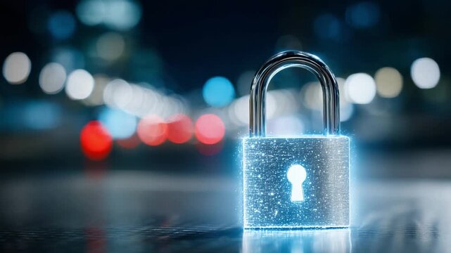 Secure Digital Realm: A close-up view of a glowing padlock, the emblem of protection, shines amidst a blurred background of city lights.