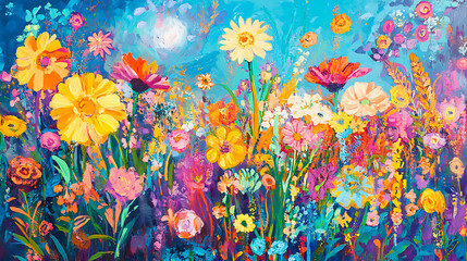 Vibrant Colorful Flowers with Blue Background