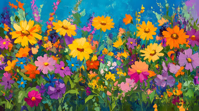 Flowers with Vibrant Colors and Blue Background