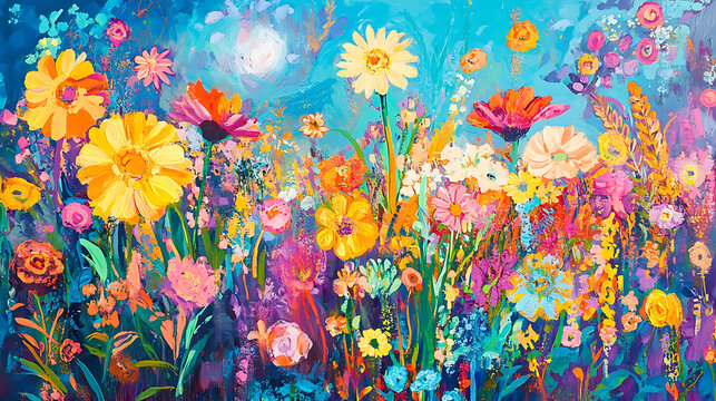 Vibrant Colorful Flowers with Blue Background