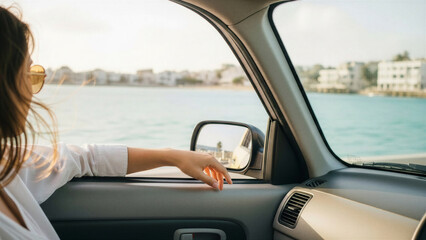 Naklejka premium Young woman enjoying seaside view from car window during summer 