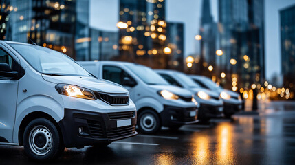 Row of white delivery vans in urban environment, dimly lit city setting, warm orange light reflection, smooth wet surface, commercial fleet parking, evening logistics scene,