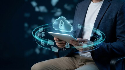 Man Securing Digital Data with Cloud Computing and Cybersecurity