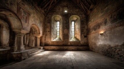 Fototapeta premium Mysterious Interior of an Ancient Stone Building with Sunlight Streaming Through Arched Windows