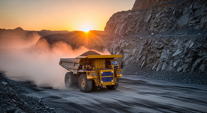 Large mining truck driving on a gravel road at sunset