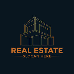 Modern Minimalist House Line Art Logo: Real Estate Architecture Design, Luxury Property Symbol, Geometric Building Icon