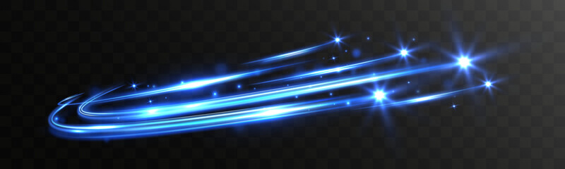Abstract blue glowing light streaks with sparkles on dark transparent background.  © NAUM