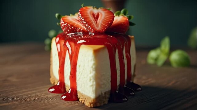 A single slice of creamy cheesecake topped with fresh strawberries and vibrant red sauce, presented on wood.