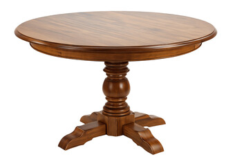 Round wooden dining table with pedestal base and ornate detailing isolated on a transparent background