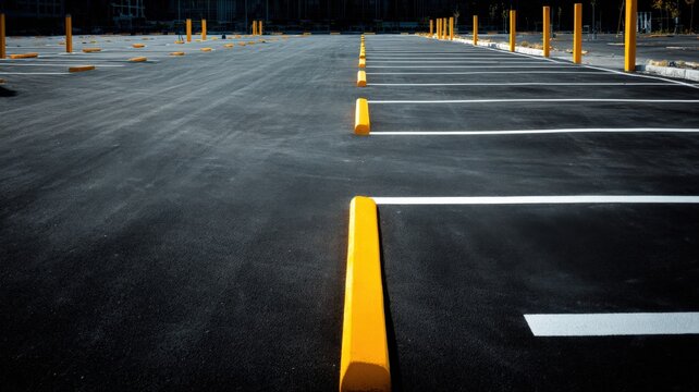 Empty Parking Lot with Asphalt Surface and Yellow Parking Blocks Ready for Vehicles