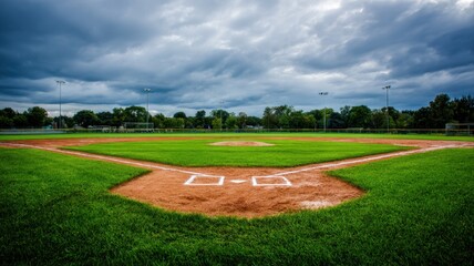 Scenic Baseball Field Under Dramatic Sky: A Vibrant Sports Venue for Competition and Recreation
