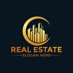 Golden Real Estate Logo with City Skyline and Crescent Moon, symbolizing growth, investment, and modern architecture.