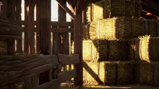 Rustic barn interior featuring stacked hay bales, illuminated by warm, golden sunlight.