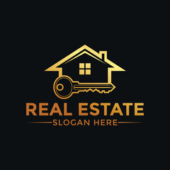 Golden Real Estate Logo with House Silhouette and Key, Symbolizing Home Ownership and Property Investment Success