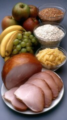 Raw pork ham sits on plate among fruits and grains in a busy food quality control laboratory with equipment in view