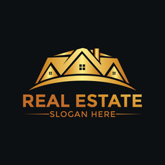 Golden Real Estate Logo with Houses and Text, Luxury Property Business Emblem, Modern Geometric Design