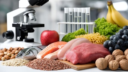 Raw pork ham sits on plate among fruits and grains in a busy food quality control laboratory with equipment in view.