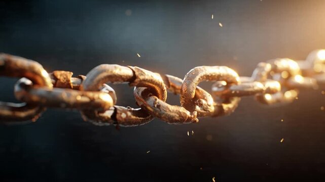 Rusty Metal Chain with Broken Links on Dark Background