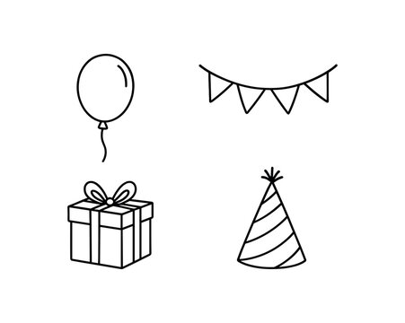 four birthday party decor balloon bunting garland gift box party hat flat vector illustration clean black line art minimal detail no color white background hand drawn look isolated