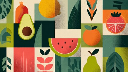 Geometric Fruit and Botanical Illustration: Vibrant Collage of Healthy Food Elements for Modern Design