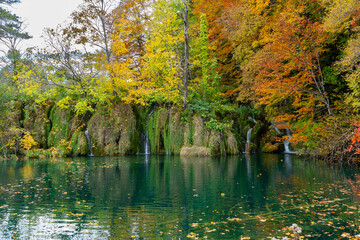 Plitvice Lakes National Park Turquoise Waterfall and Crystal Clear Lake in Autumn, Croatia