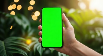 Person holding smartphone with green screen background for creative content creation outdoors