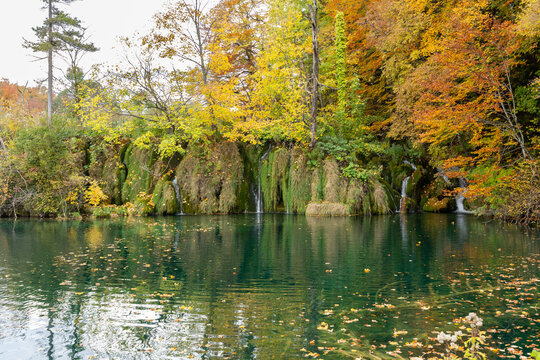 Plitvice Lakes National Park Turquoise Waterfall and Crystal Clear Lake in Autumn, Croatia