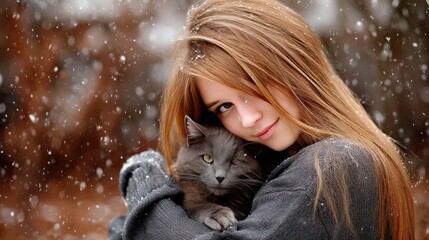 A young woman in a sweater smiles while holding a grey cat against a winter landscape filled with snow and trees.