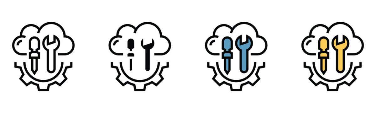 Cloud computing settings and maintenance tools icon set for optimization and service