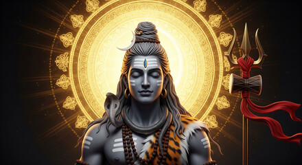 Tranquil Mahadev Illustration with Golden Mandala