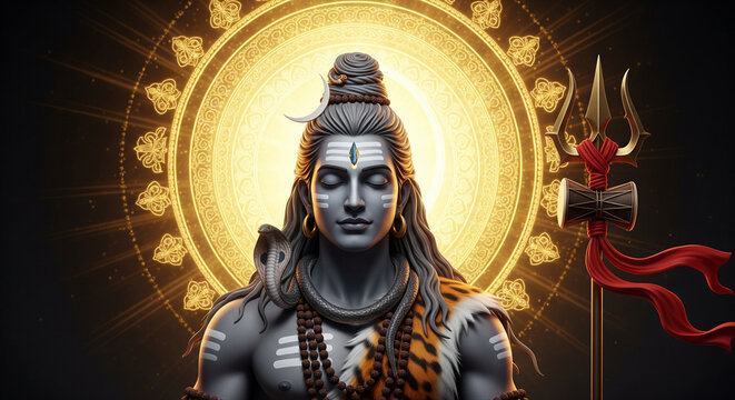 Tranquil Mahadev Illustration with Golden Mandala