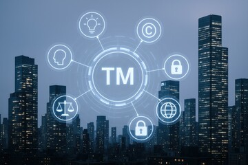 Intellectual Property Protection Concept: Digital Visualization of Copyright, Patents, and Trademarks over a Modern Cityscape