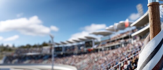 White flag hangs on a pole outside an empty stadium with a blurred crowd in the background, indicating the venue's readiness for events