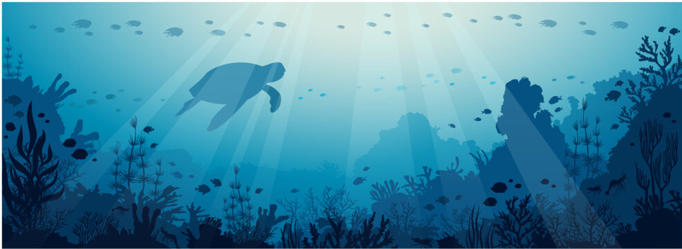 Vector illustration with silhouette of coral reef, turtle and fish. Underwater seascape with marine life. Blue ocean image.