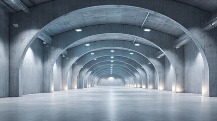 Fototapeta premium Industrial Concrete Tunnel with Arches and Diminishing Perspective, Ideal for Architectural Visualization and Backgrounds